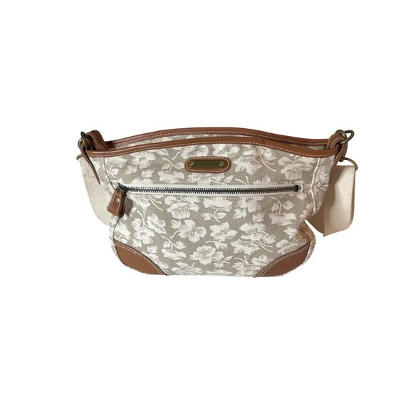 Liz Claiborne Floral Canvas Shoulder Bag Adjustable Strap White Beige Brown - Picture 12 of 12